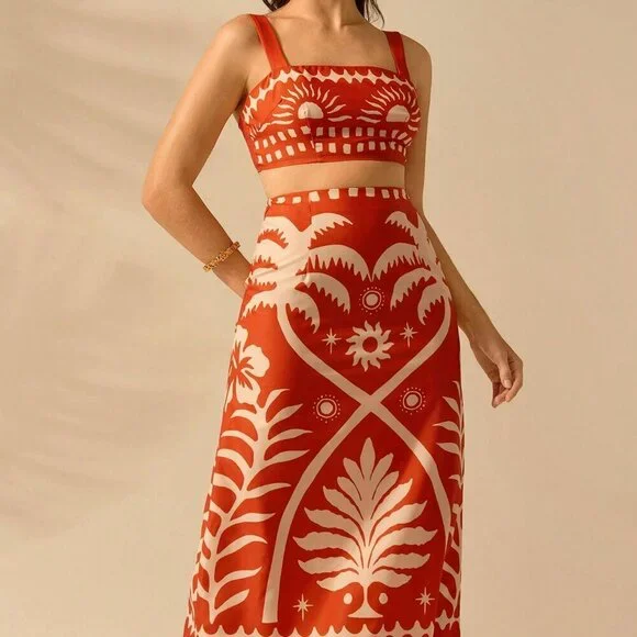 Orange Boho Women's Coconut Print Cropped Cami Top And Fitted Maxi Skirt Set - Picture 4 of 7